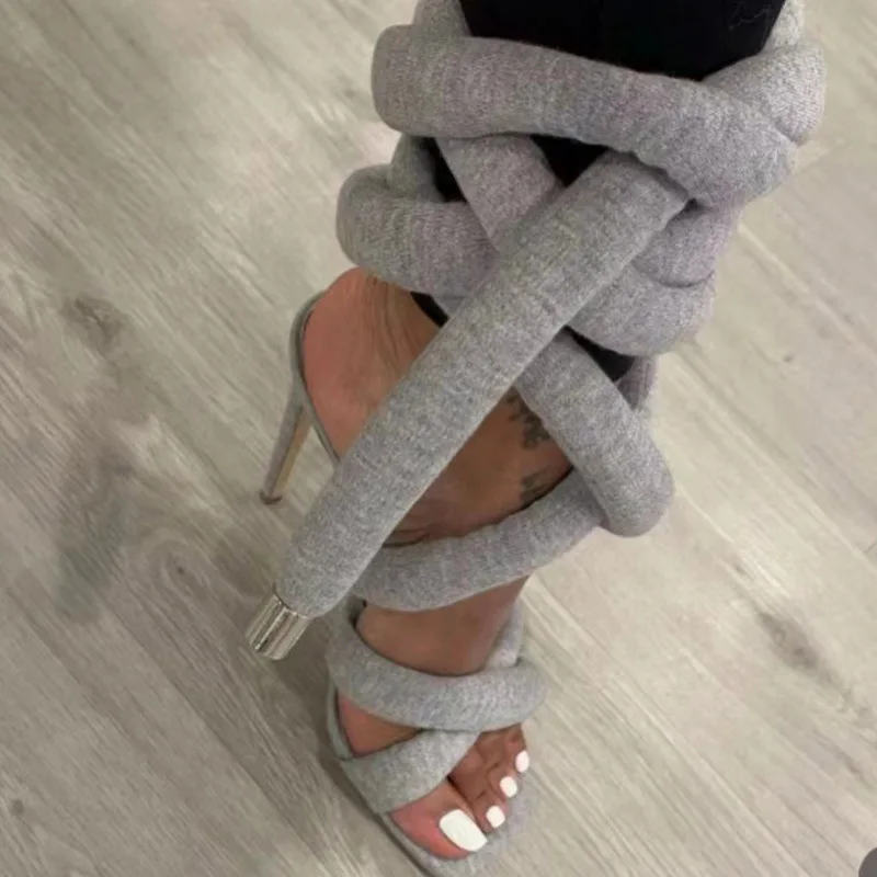 Grey Knit Lace Up Strappy Thin High Heel Sandals Women Summer Sexy Square Open Toe Cloth Rope Stilettos Sandals Female Shoes