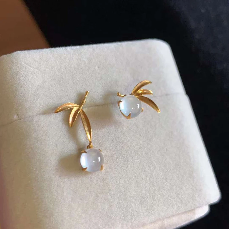 

Women Fashion 18K Gold real Bamboo Leaf Natural Emerald Stones designer Stud Luxury piercing Fine earrings with certificate
