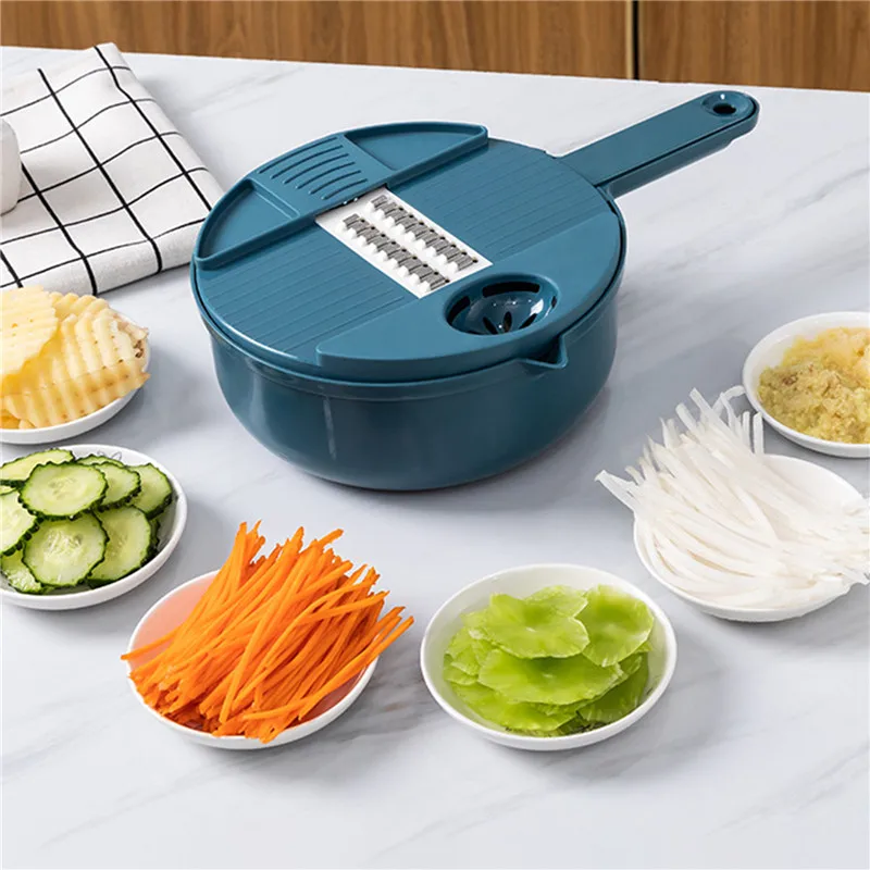 

Слайсер для овощей, картофелечистка, терка для моркови и лука с сетчатым фильтром, овощерезка 12 в 1, кухонные аксессуары