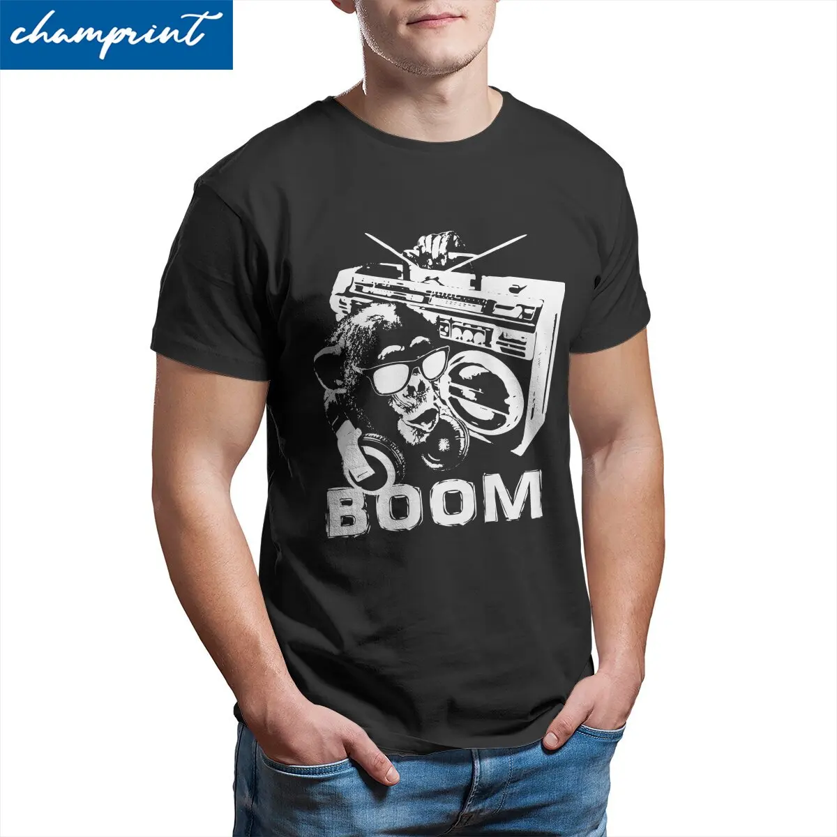 Music Monkey Cool Funny Boombox DJ Men's T Shirts Animal Unique Tees Short Sleeve Crewneck T-Shirts Pure Cotton Party Clothing