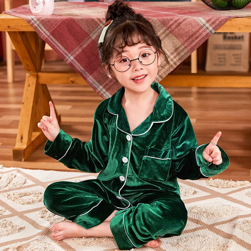 Winter Velour Pajamas Sets for Children Autumn Long Sleeve Turn-down Colloar Warm Sleepwear Kids Homewear Boys Girls Pyjama Suit