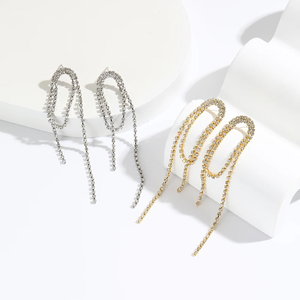 

Fashion Long Tassel Crystal Pendant Earrings For Women Geometrically Asymmetrical Rhinestone Earrings Wedding Party Gewelry