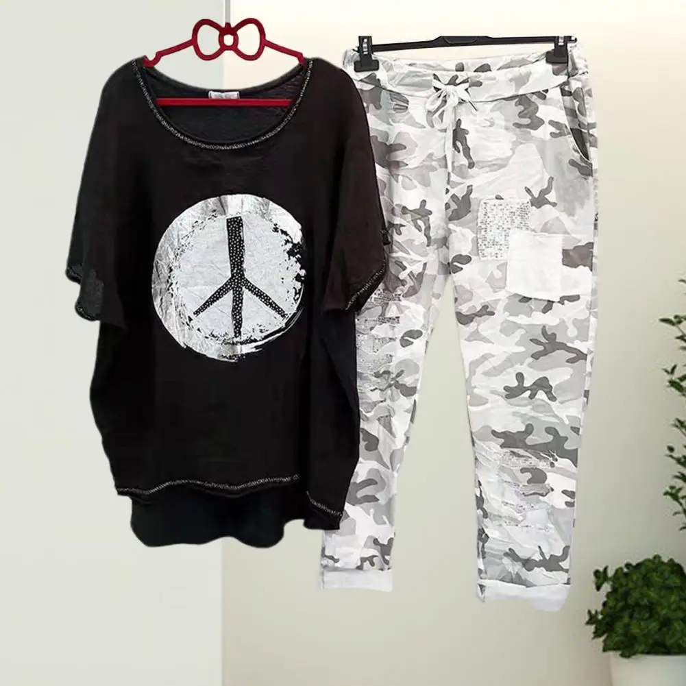 

1 Set Stylish T-shirt Trouser Set Printed Pockets Summer Relaxed Fit Asymmetrical Outfit