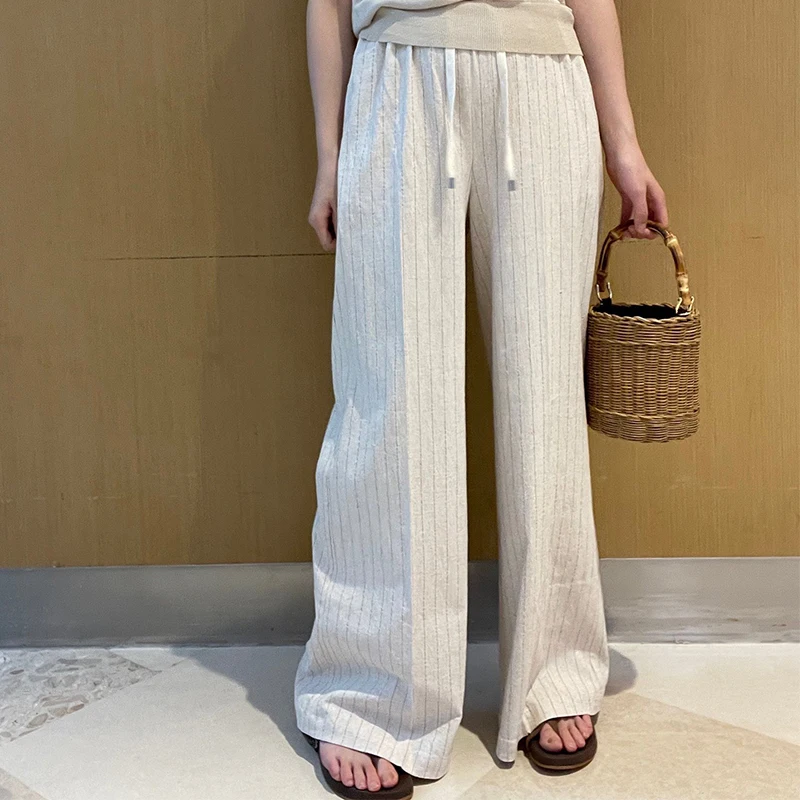 

Женские льняные брюки в полоску, с широкими штанинами и высокой талией