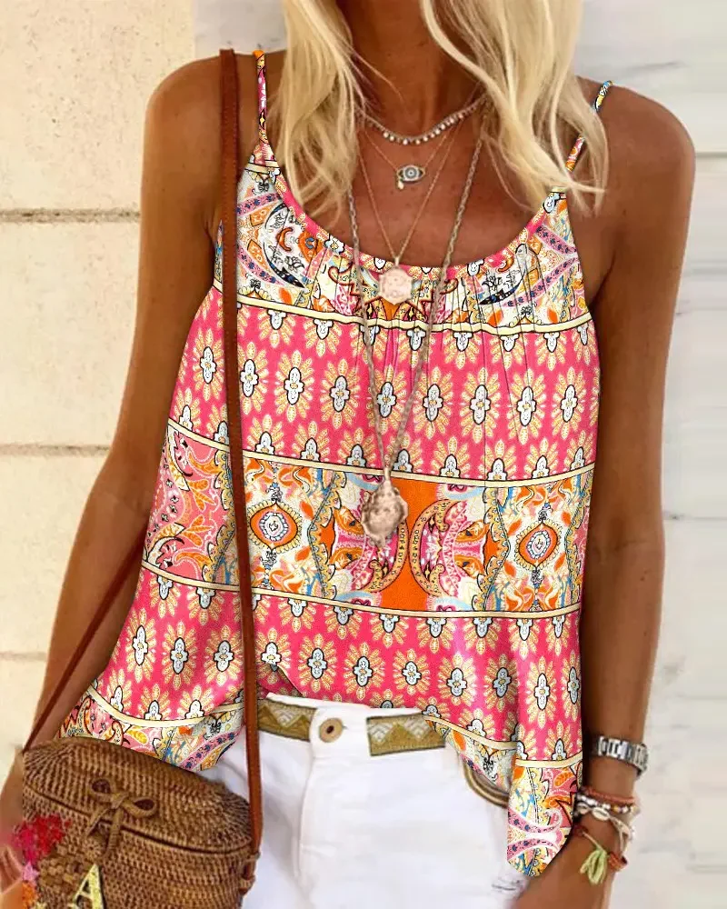 

Summer Cami Top Vintage Tribal Print Flowy Vest Sexy Sleeveless Tank Top Fashion All-Match Beach Daily T-Shirt Streetwear