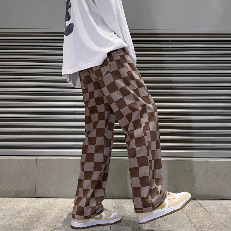 2022New Spring New Men's Brown Check Print Baggy Jeans Korean Fashion Streetwear Denim Straight Pants Male Brand Trousers