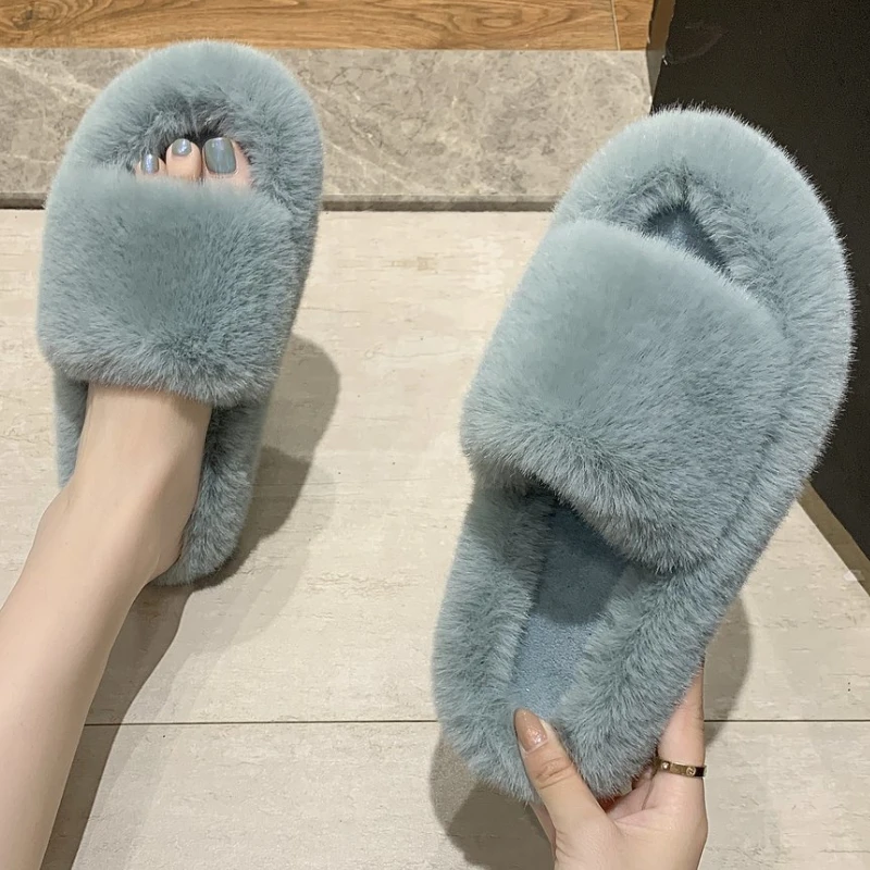 

Outside Women's Slippers Fashion Trend Flat Furry Slides Comfy Leisure Elegant Peep Toe Household Lady Shoes Chaussures Femme