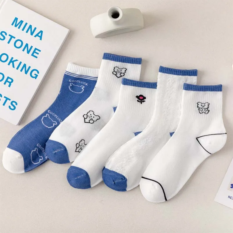 

Japan Harajuku style cartoon creative striped checkered bear socks kawaii print funny girl socks fashion skateboard woman socks