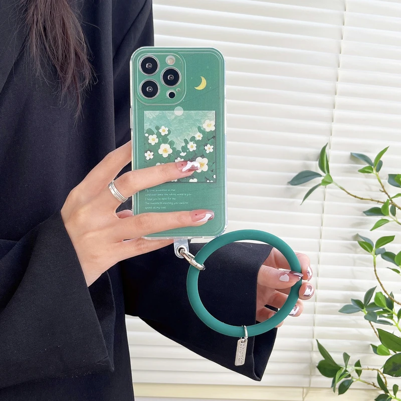 

Retro Art Oil Painting Flowers Round Bracelet Phone Case For iPhone 11 12 13 Pro Xs Max Xr X 7 8 Puls Se 2 Soft Shockproof Cover
