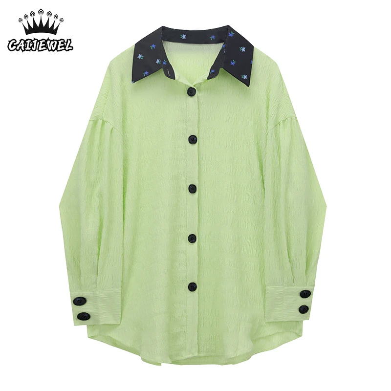 

Women's Green Shirts Bow-Knot Straps Two Piece Set Polo Collar Long Sleeves Casual Fashion Vintage Baggy Ladies Blouse Tops