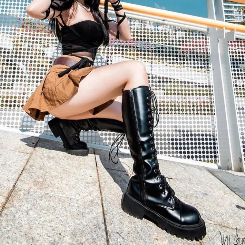 

Punk Martin Boots For Women Boots Lace Up Zipper Pu Women's Boots Spring Autumn Black Knee High Boots Female Shoes Women Boots