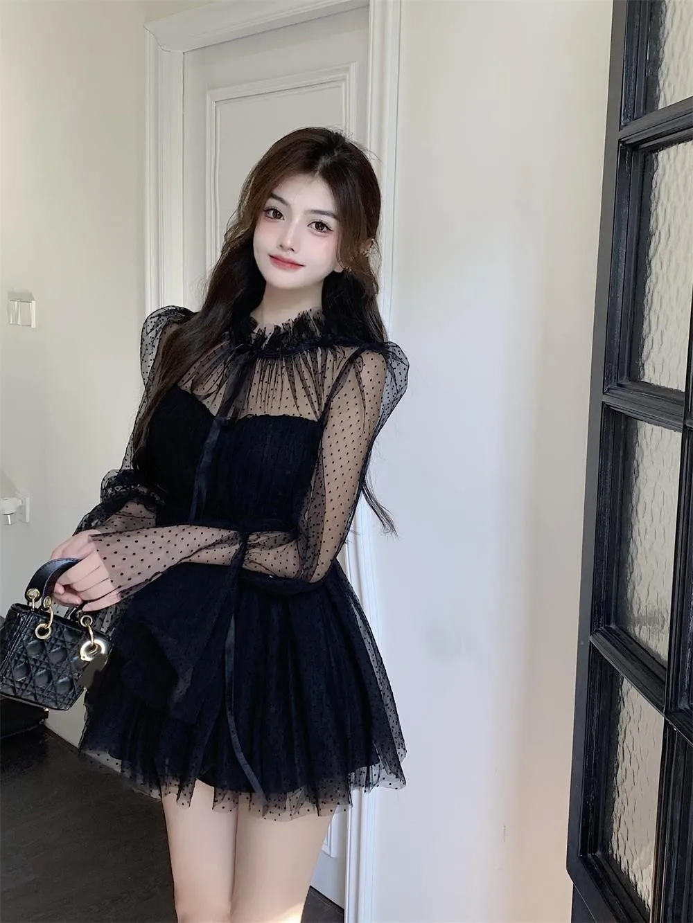 

Vestidos Long-Sleeved Polka Dot Mesh Splicing Breasted Waist-Skimming Puffy Skirt Dress Female Spring Autumn New Black Dresses