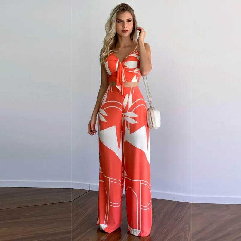 

WUHE Elegant Leaf Print Women's Set Bow Crop Top and Wide Leg Straight Pants Summer Tracksuit Beach Boho Two 2 Piece Set Outfit