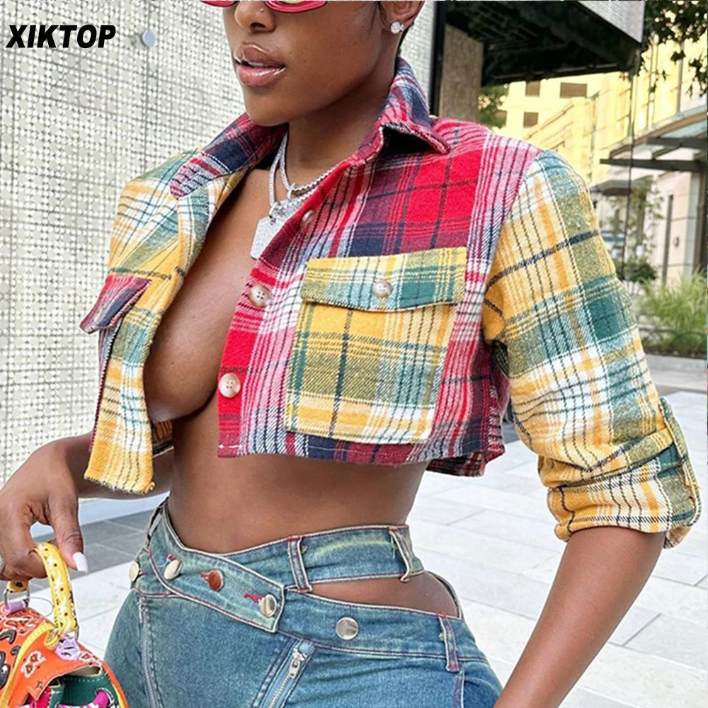 

Xiktop Trend Plaid Spliced Linen Coat Women Y2k Hipster Street Wide Casual Outerwear Multicolor Vintage Personality Outdoor Wear