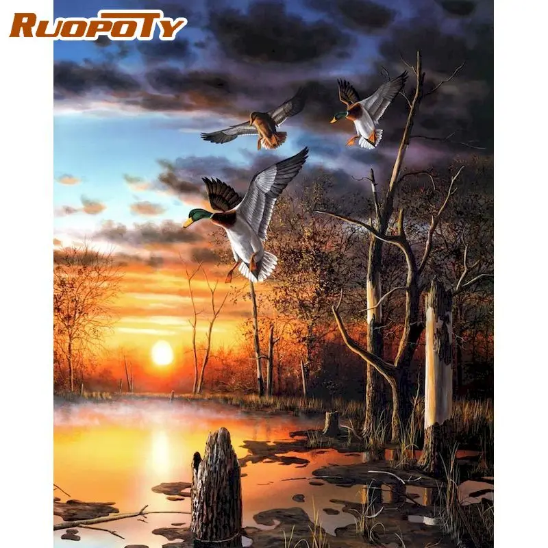 

RUOPOTY 60x75cm Painting By Numbers Kits Sunset Landscape With Frame DIY Craft Unique DIY Gift For Home Decors 40x50cm