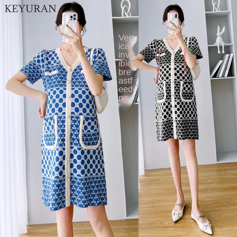 

Knited Breastfeeding Maternity Dress 2022 Summer Short Sleeve V-Neck Loose Nursing Dresses for Pregnant Women Pregnancy Clothes