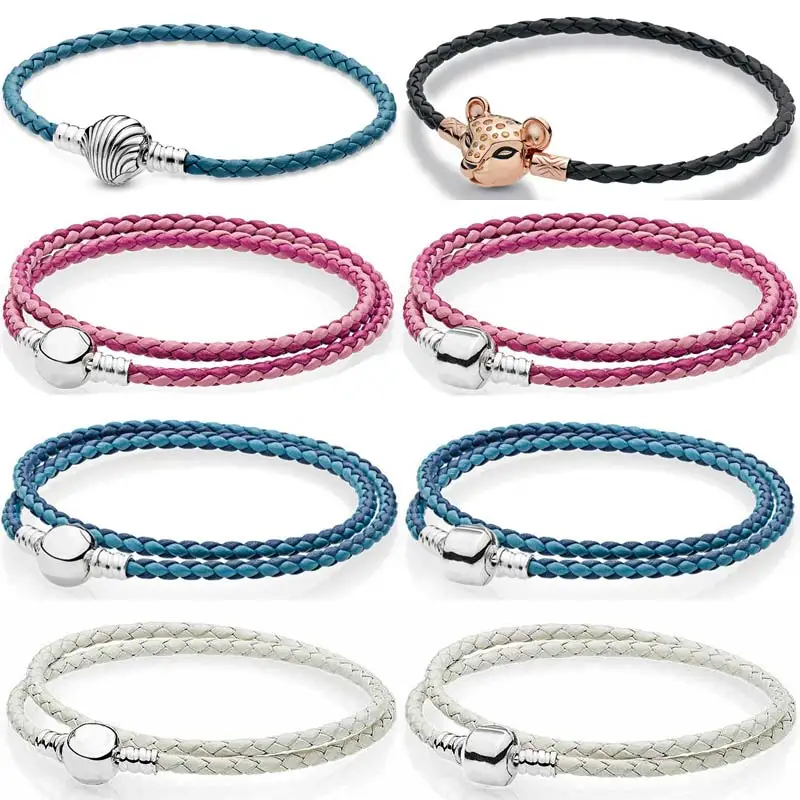 

New 925 Sterling Silver Ball Barrel Rose Lioness Seashell Clasp Double Woven Leather Bracelet For Popular Bead Charm DIY Jewelry