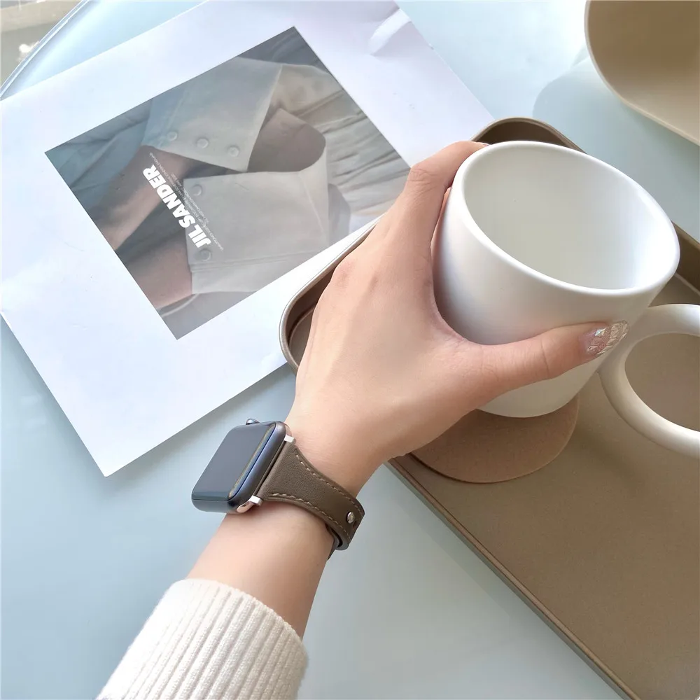 Кожаный ремешок для Apple watch band 40 мм 44 45 41 38 42 тонкий браслет часов iWatch series 7 6 5 3 8 ultra 49