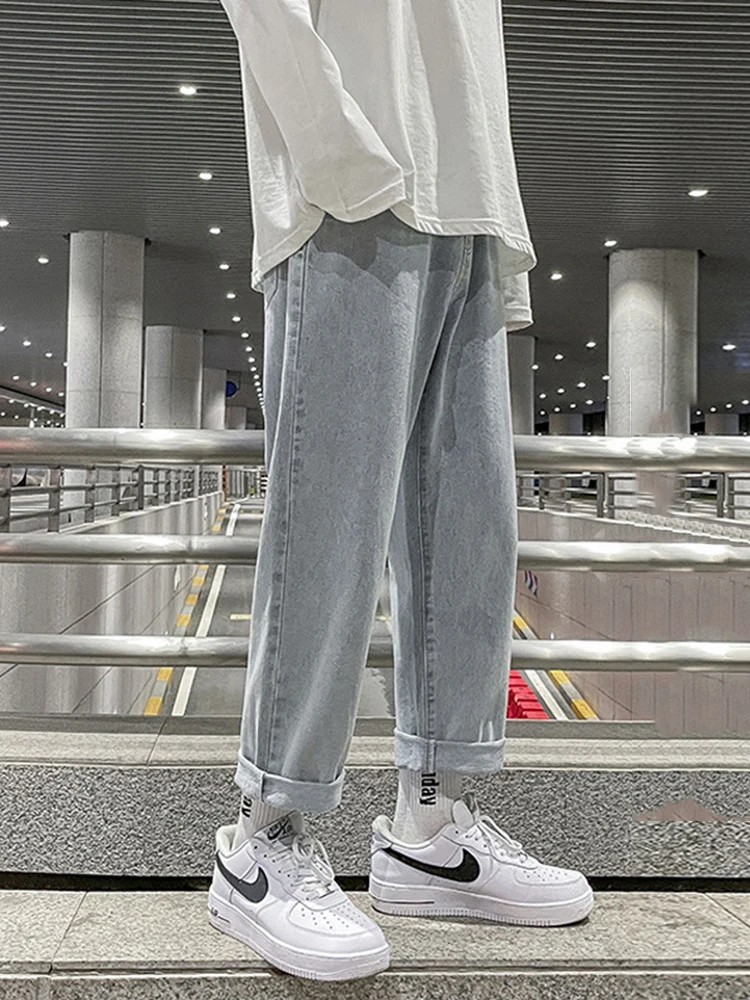 Korean Fashion Men's Baggy Jeans Classic All-match Solid Color Straight-leg Denim Streetwear Wide-leg Pants Male Brand Trousers