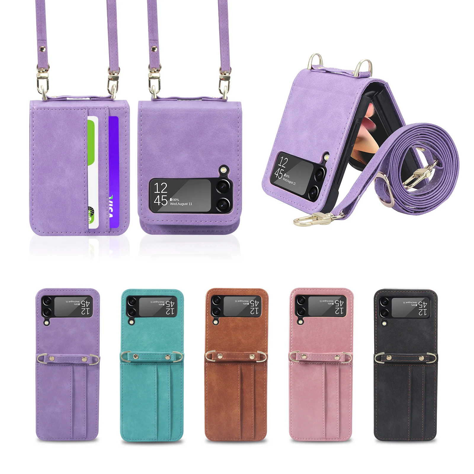 

For Samsung Galaxy Z Flip 4 3 5G Back Case Card Holder SM-F7210 SM-F7110 Luxury PU Leather Protect Shockproof Cover With Lanyard