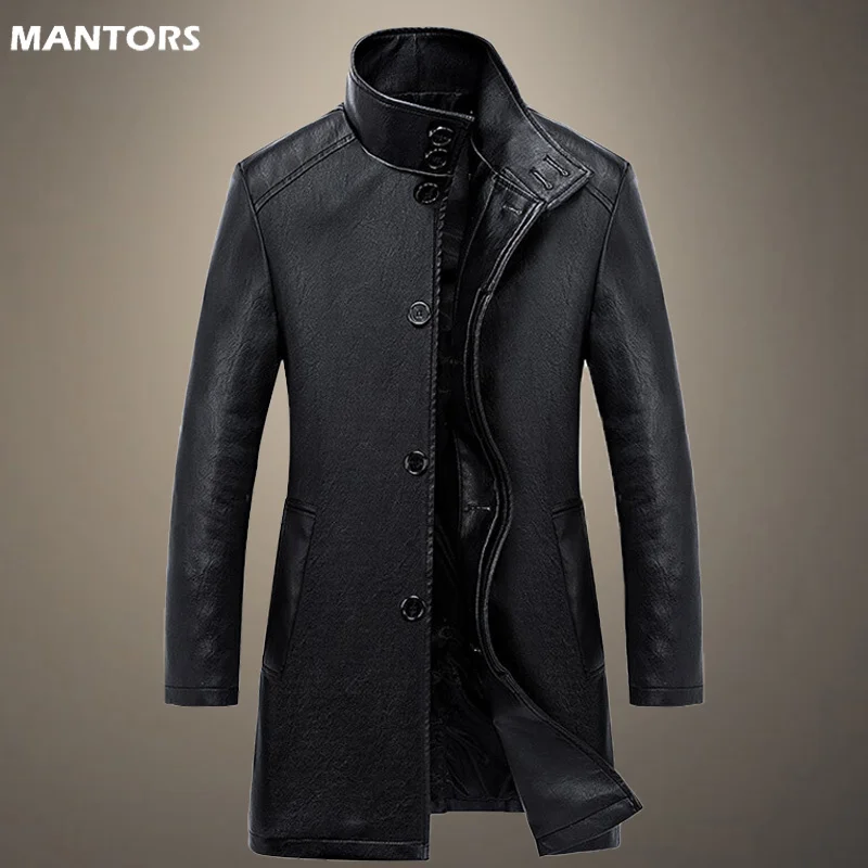 

Brand Mens Leather Jacket Long Slim Fit Jacket Fashion Solid Color Business Winter Jackets Fleece Windproof Black Leather Coat