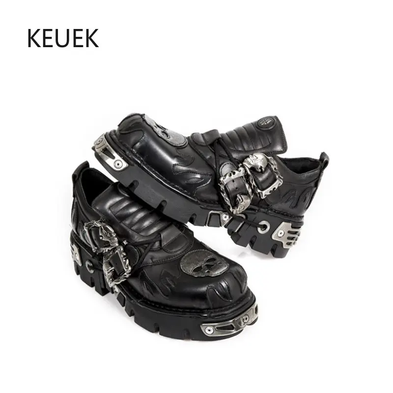 

New Punk Platform Leather Shoes Women Casual Breathable Men Lace Up Metal Decoration Round Toe Moccasins Height Increasing 03B