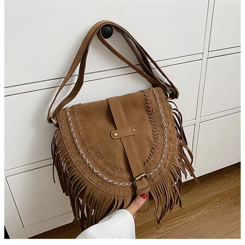 

2022 Vintage Style Women Shoulder Bags Suede Women Cross Body Bags Tassel Women Shell Bags Khaki Bags Drop Shipping