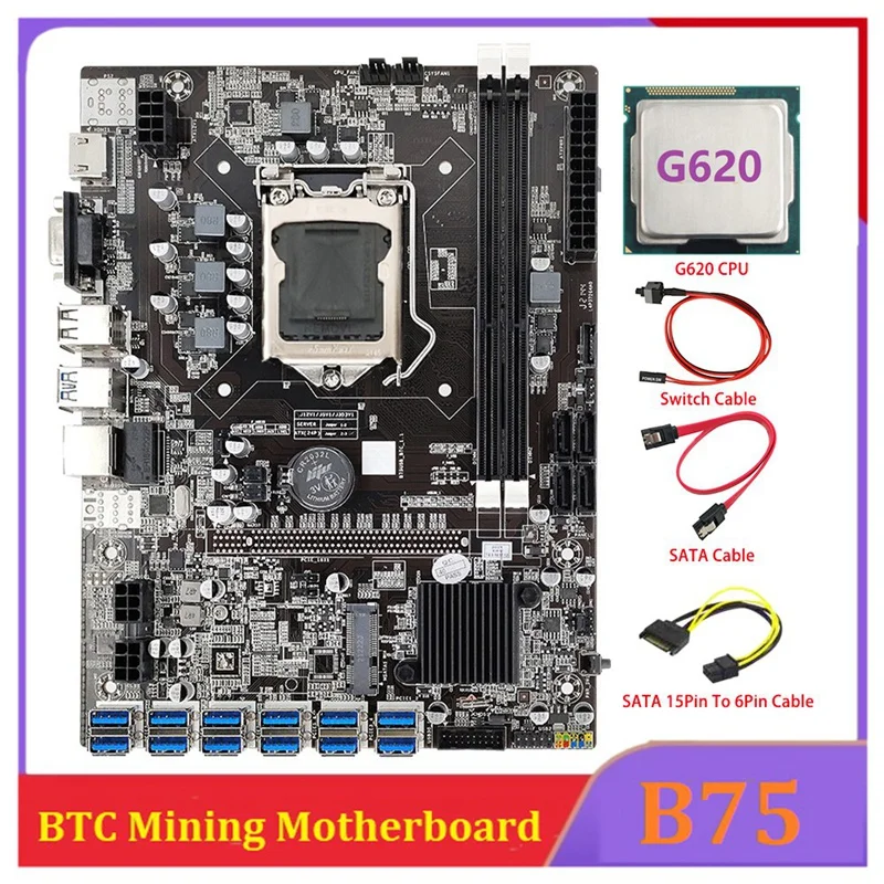 

B75 ETH Mining Motherboard 12 PCIE To USB With G620 CPU+SATA 15Pinto 6Pin Cable LGA1155 Support DDR3 B75 USB BTC Miner
