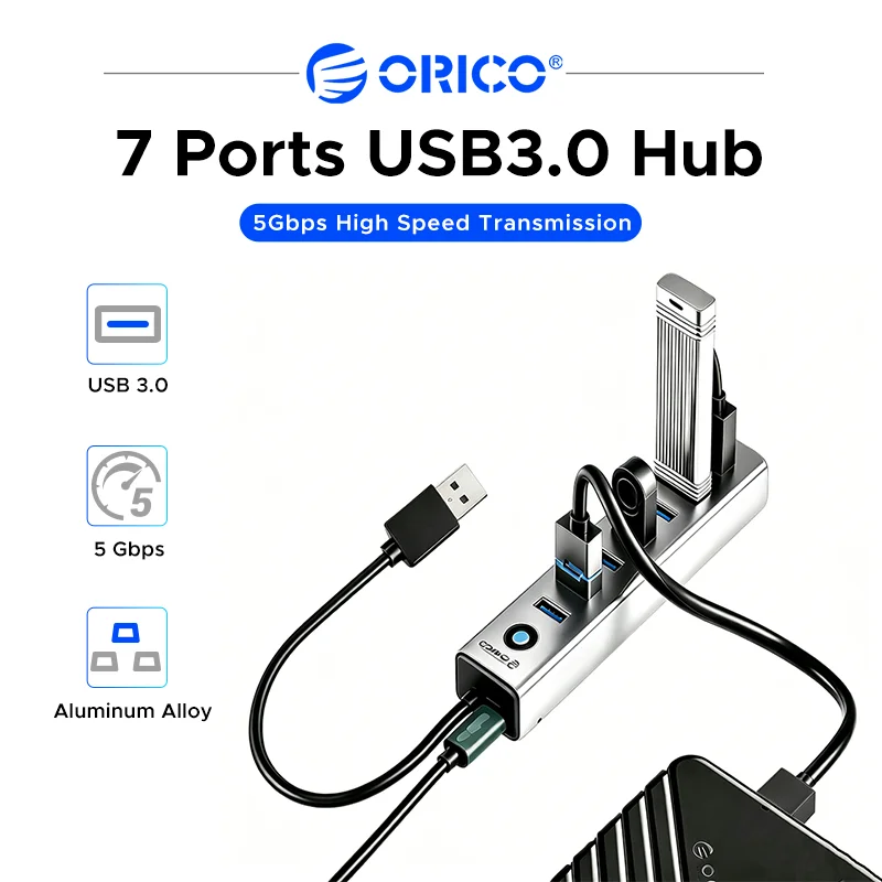 Фото USB-концентратор ORICO с 7 портами USB 3.0, 5 Гбит/с, алюминиевый, с портом питания Type-C, многопортовый USB-адаптер для ноутбуков и ПК №1