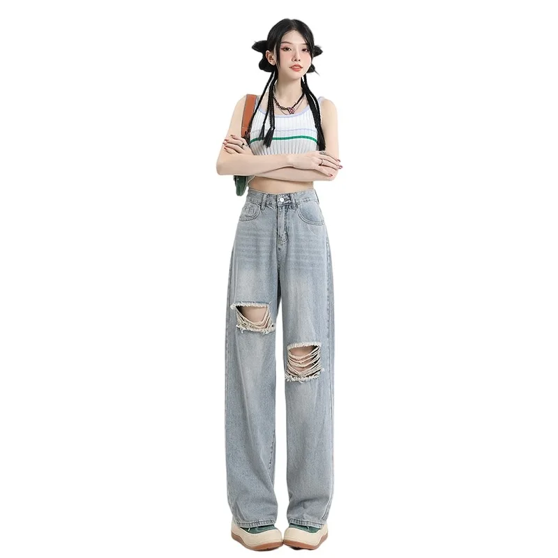 American Retro Ripped Straight Leg Jeans Women New Summer Women Clothing High Street High Waist Show Slim Loose Wide Leg Pants