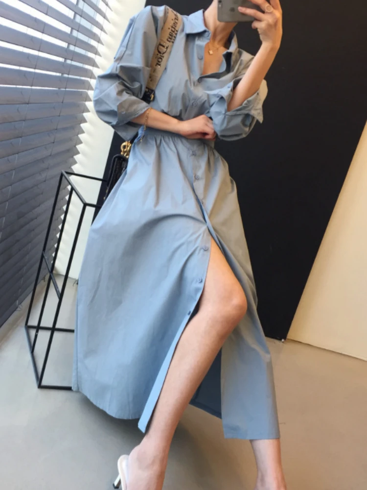 

Women's Dresses 2023 Spring Summer New Fashion Loose Fitting French Vintage Long Sleeved Single Breasted Solid Color Lapel Top