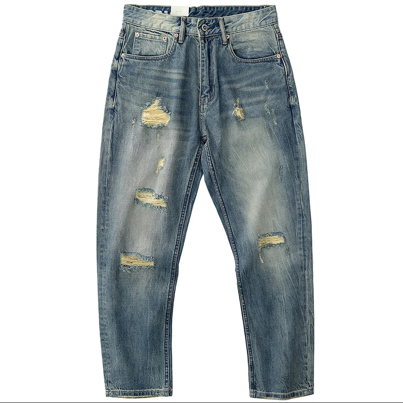 Torn jeans straight tube loose wash do old spring and autumn new n style retro zipper casual pants for men
