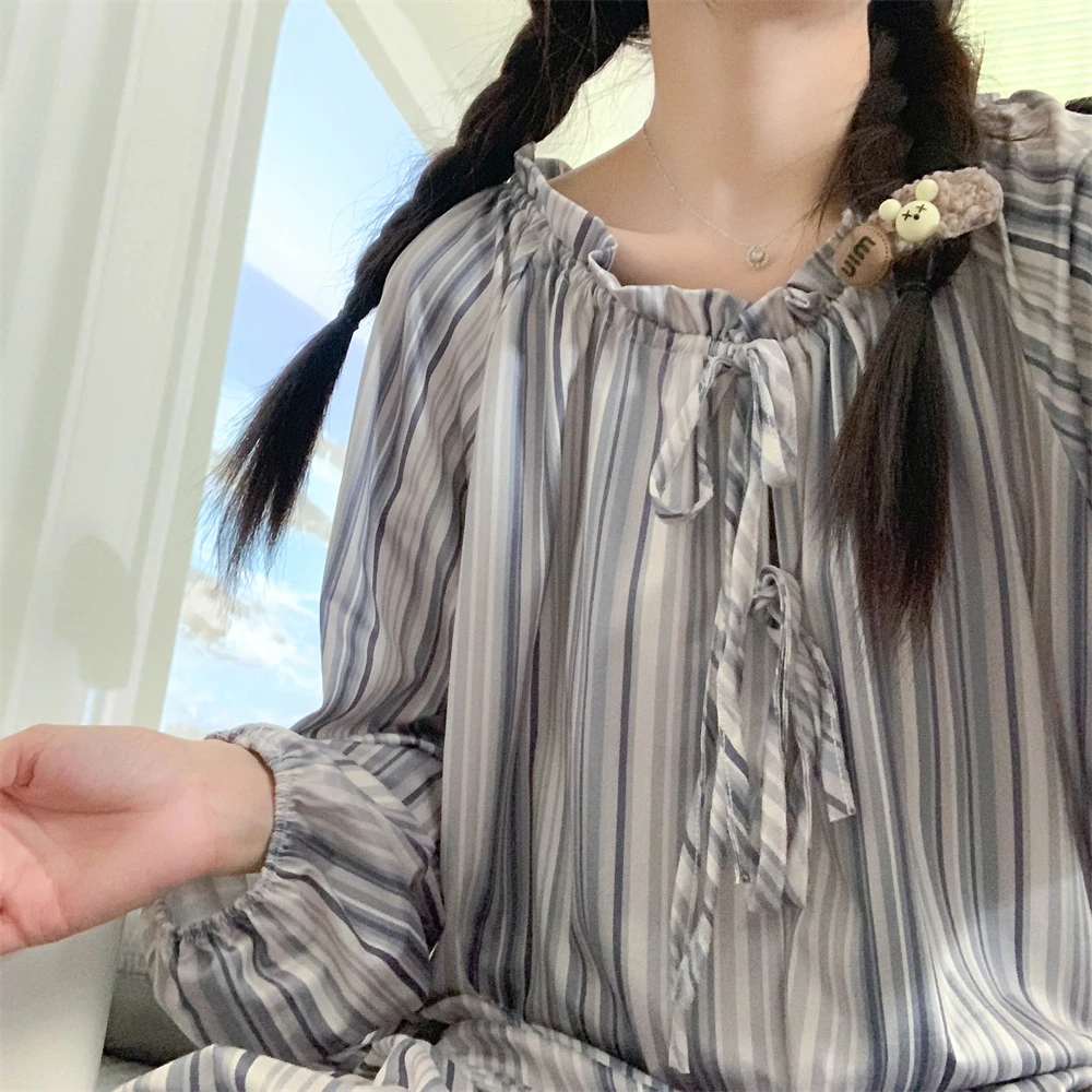 CAIYIER Soft Korean Stripe Women Pajamas Set Autumn Winter Longer Coat + Long Pants Nightwear Two Piece Set Pyjamas Loungewear