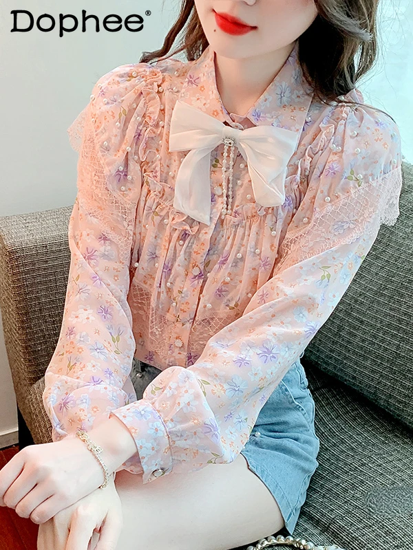 

Long Sleeve Floral Chiffon Shirt for Women Autumn New Super Fairy Sweet Lace Ruffled Beaded Top Blouses Femme