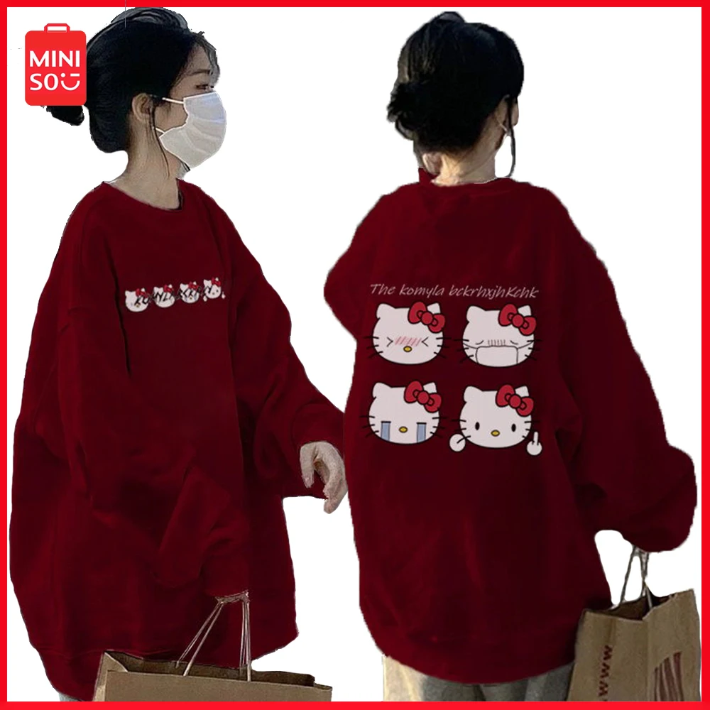 

2023 Miniso Sanrio Hellokitty Sweatshirt Cute Printed Hoodie Autumn Winter Thick Thin Section Pullover Long Sleeve Casual Top