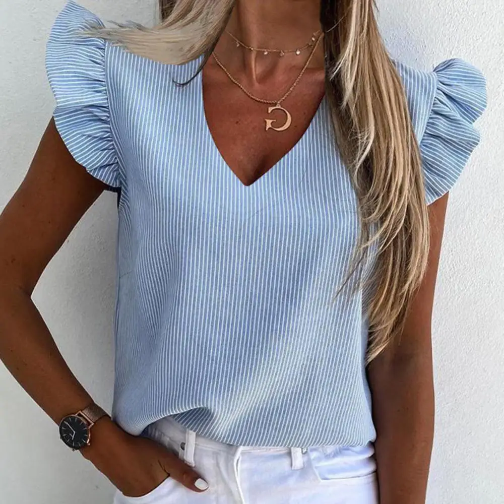 

Office Lady Summer V Neck Stripes Short Ruffled Sleeve Casual Blouse T-shirt Top Women's Clothing Blusas Mujer De Moda топы