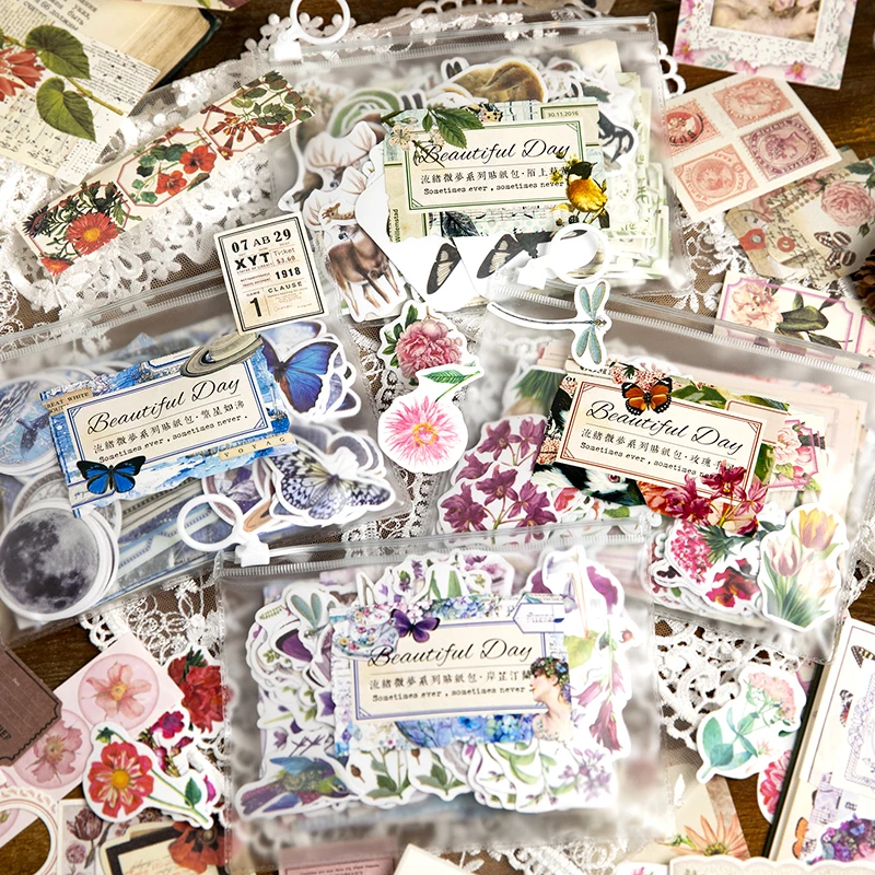 

Yoofun 200pcs/pack Scrapbooking Material Papers Aesthetic Butterflies Flowers Vintage Sticker for Collage Junk Journal Diary DIY