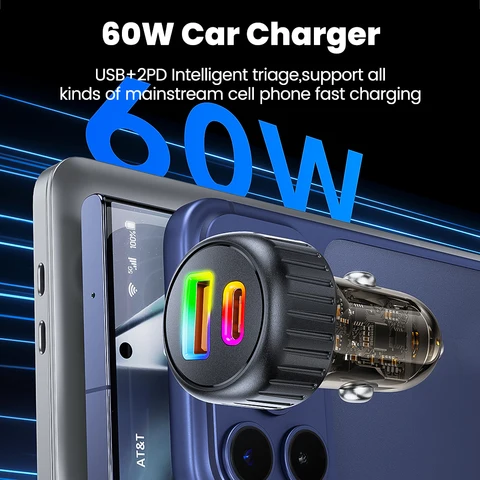 Автомобильное зарядное устройство elough 60 Вт, быстрая зарядка, 30 Вт, автомобильное зарядное устройство USB, прозрачный светодиодный PD, 30 Вт, автомобильное зарядное устройство для телефона типа C