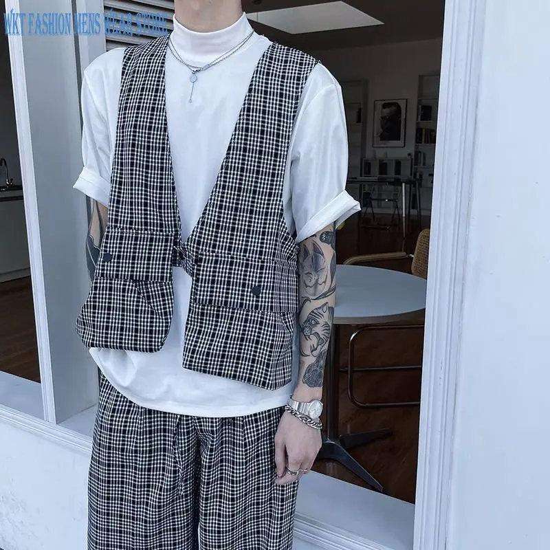 

Костюм мужской повседневный клетчатый, жилет, брюки до щиколотки, Свободный Топ без рукавов, полиэстер, v-образный вырез, летняя одежда