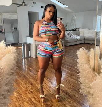 Casual Women Tracksuit Two Piece Set Striped Crop Tank Top + Short Pants Matching Set Clothes For Women Outfit 1