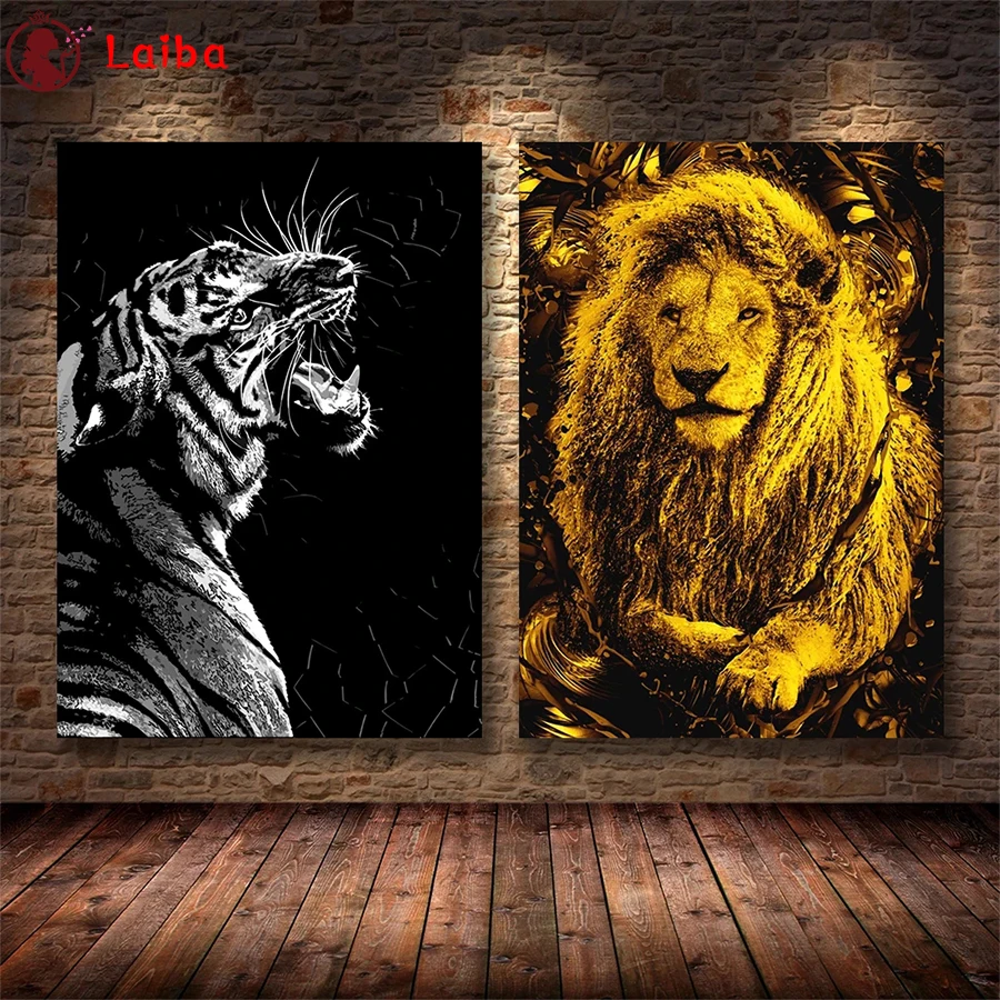 

Алмазная живопись, современная абстрактная черная Золотая животная, искусство, Лев, тигр, 5d Вышивка крестиком, алмазная вышивка, мозаика, домашний декор, картина × 2 шт.