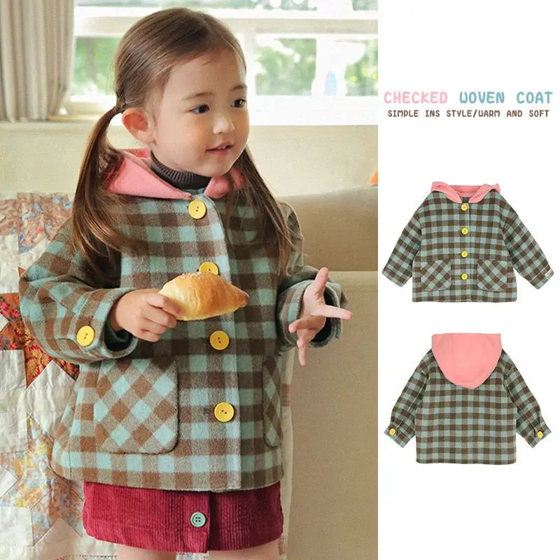 

Children's Jacket 2022 New Winter Warm Retro Korean Version Girls Clothing Coat Plaid Fashion Thickened Cotton Quilted Clothes