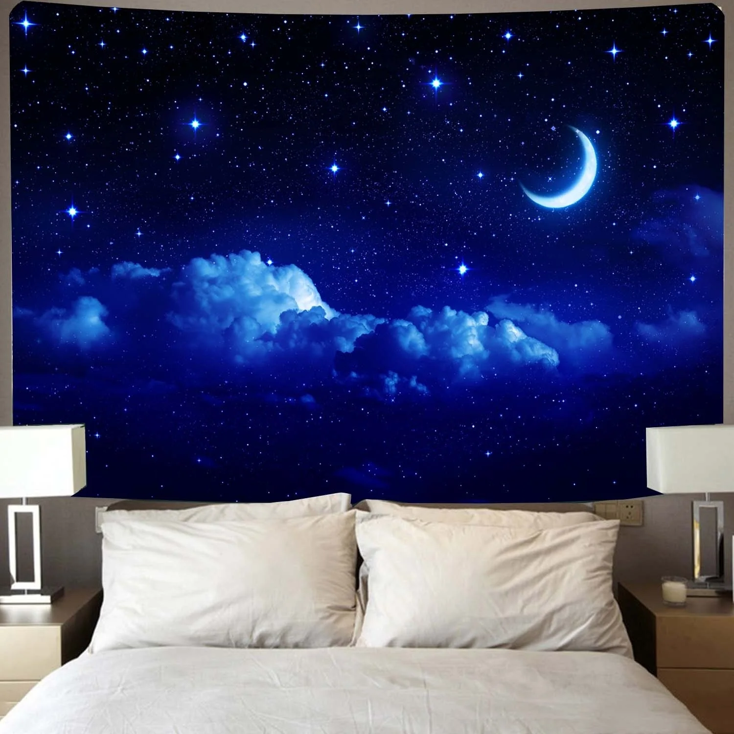 

Moon and Stars Wall Hanging Blue Starry Tapestry Galaxy Universe Night Sky Space for Bedroom Living Dorm