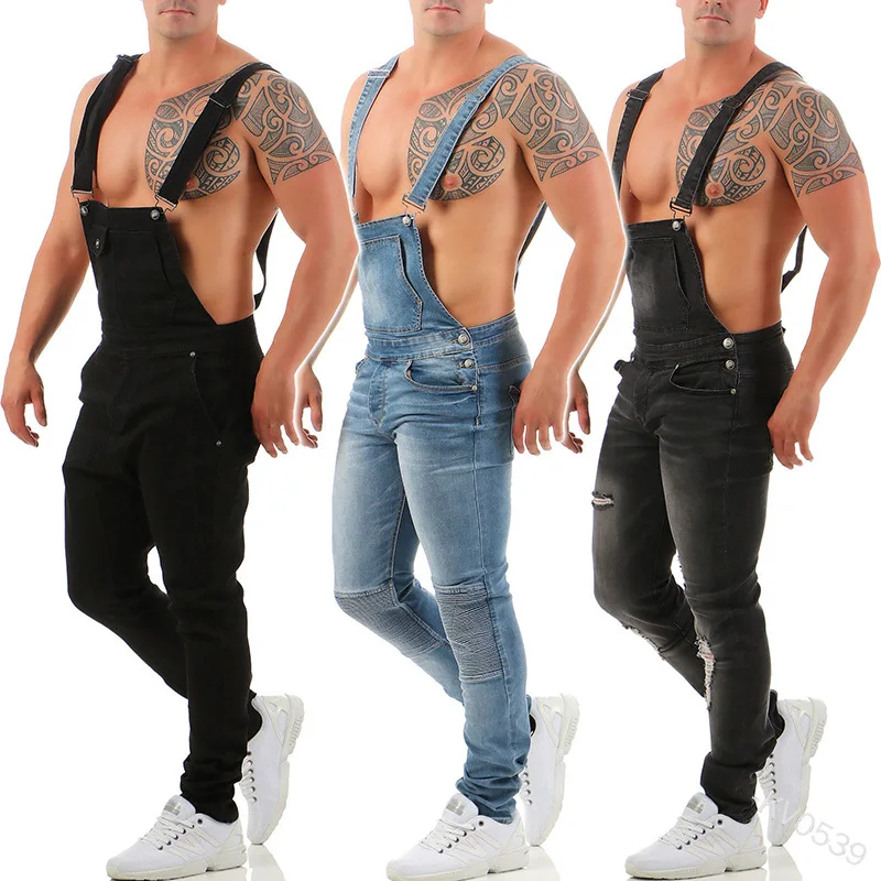 

Men Jeans Denim Overalls Button Summer Spring Sleeveless High Waist Full Length Pants Trousers Denim Vintage Cargo