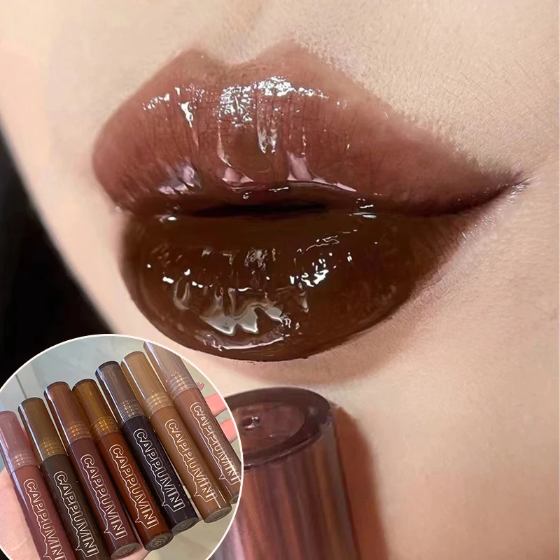 

Punk Dark Brown Mirror Water Lip Gloss Red Lip Glaze Transparent Glass Lip Oil Waterproof Liquid Lipstick Nude Clear Tint Makeup