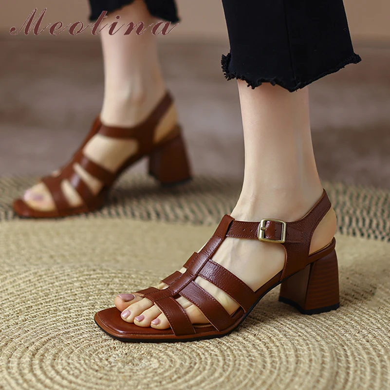 

Meotina Women Genuine Leather Gladiator Shoes Thick Heel Summer Buckle Sandals Square Toe High Heels Ladies Footwear Apricot 42