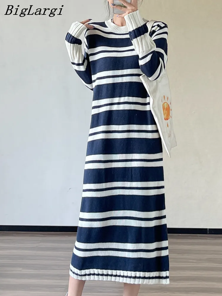 

Женское трикотажное платье-свитер в полоску, свободное элегантное шикарное повседневное офисное платье с длинным рукавом, новинка 2023