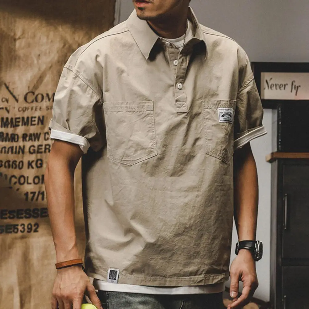 

Hot！Cargo Shirt Solid Color Anti-pilling Handsome Half Single-breasted Multi Pockets Turn-down Collar Summer Tops Daily Clothes