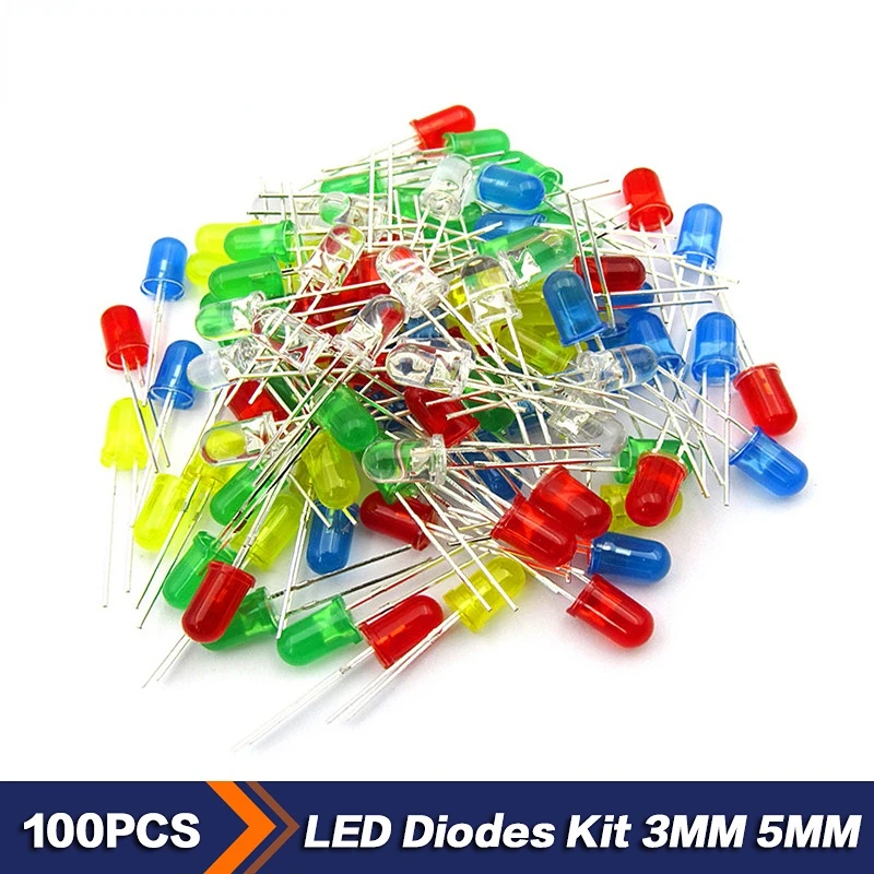 

100pcs/lot 3MM 5MM LED diode 5 colour DIY electronic leds kit, Light Emitting Diode White Green Red Blue Yellow F3 F5 led diodes