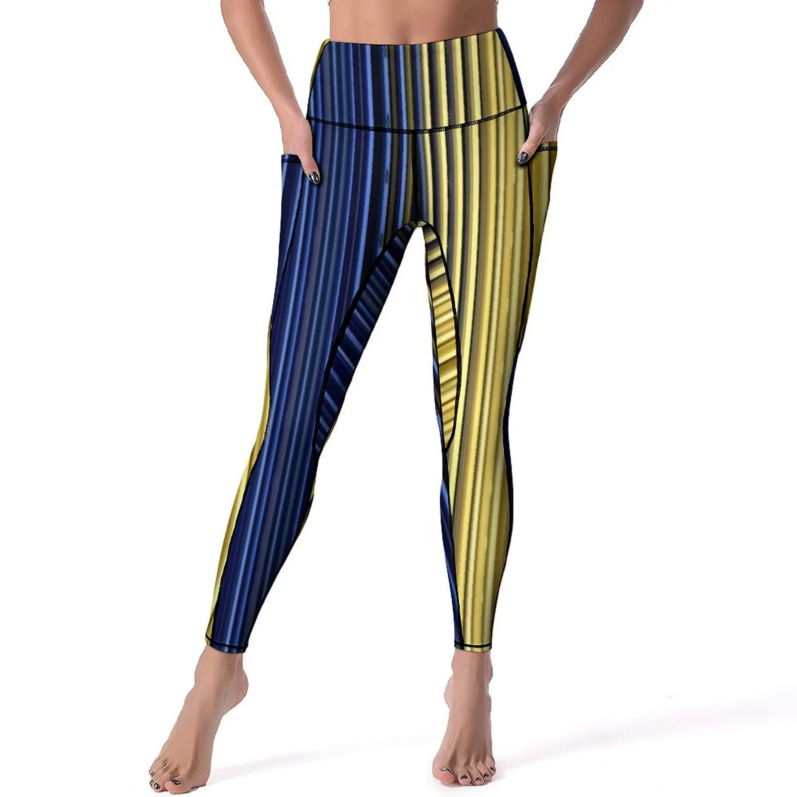 

Yellow Blue Striped Leggings Two Tone Fitness Yoga Pants High Waist Funny Leggins Quick-Dry Graphic Sport Legging Gift Idea